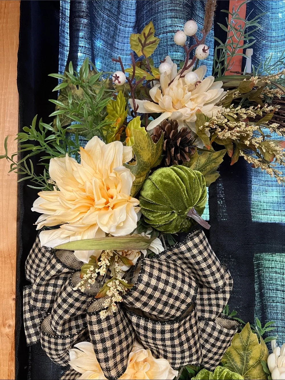 Handcrafted Cream Floral Grapevine Wreath with Green Accents